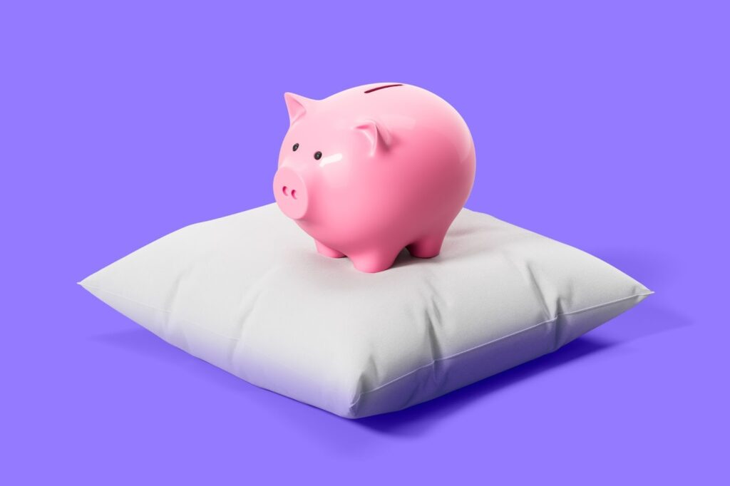 座布団の上に置かれた豚の貯金箱