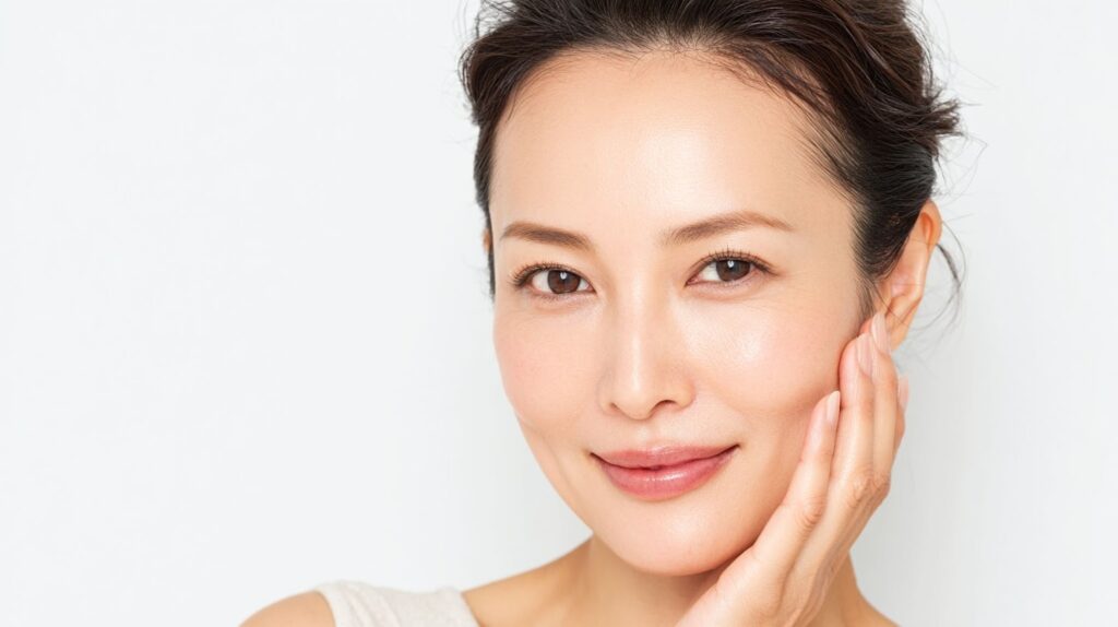 左頬に手を当てて微笑む女性