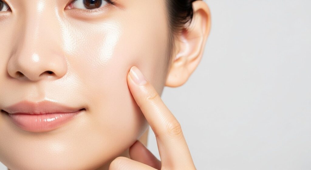 左頬を指で押す女性