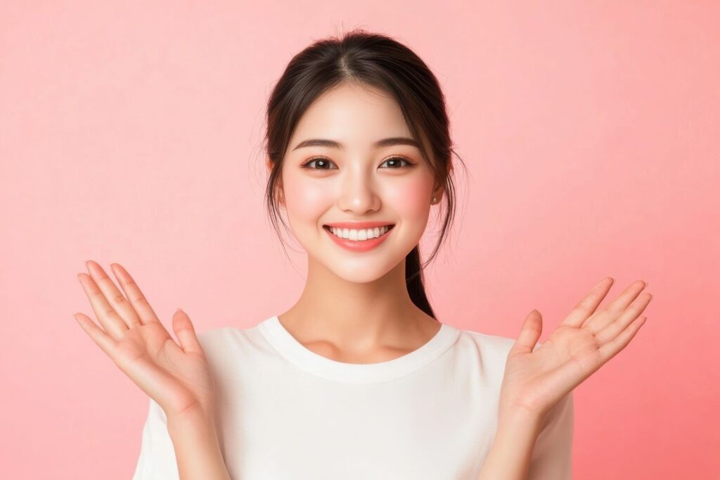 両手を小さく広げる女性