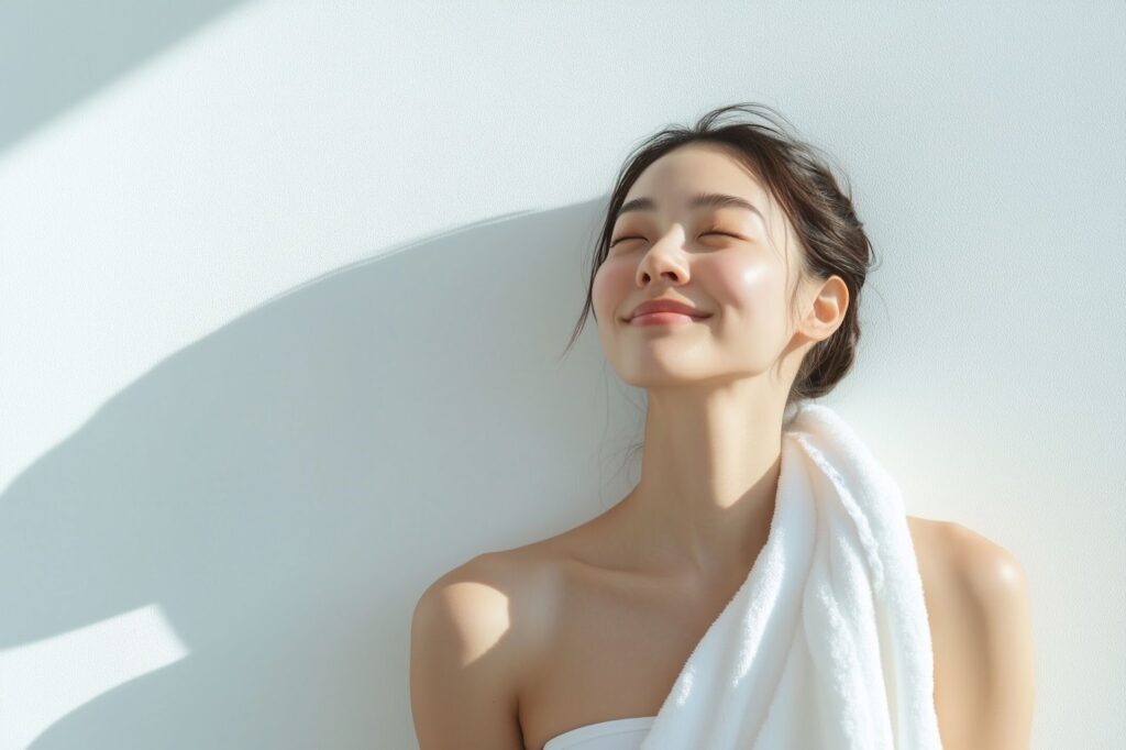 タオルを肩にかける女性