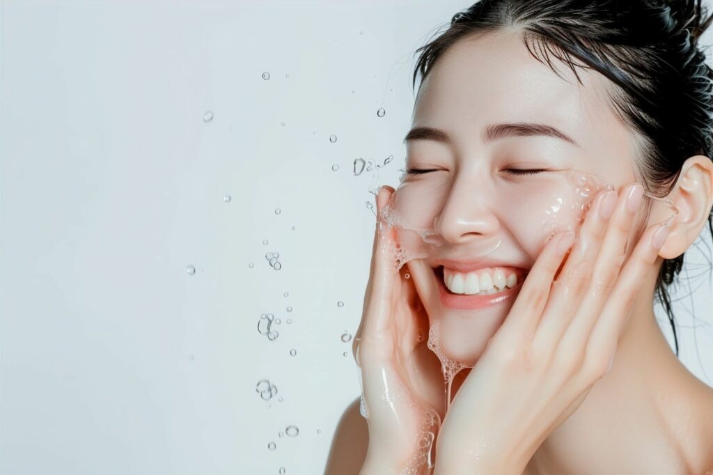 水を顔にかける女性