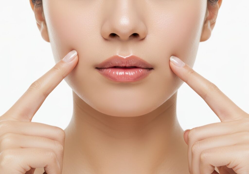 両指で頬を触る女性