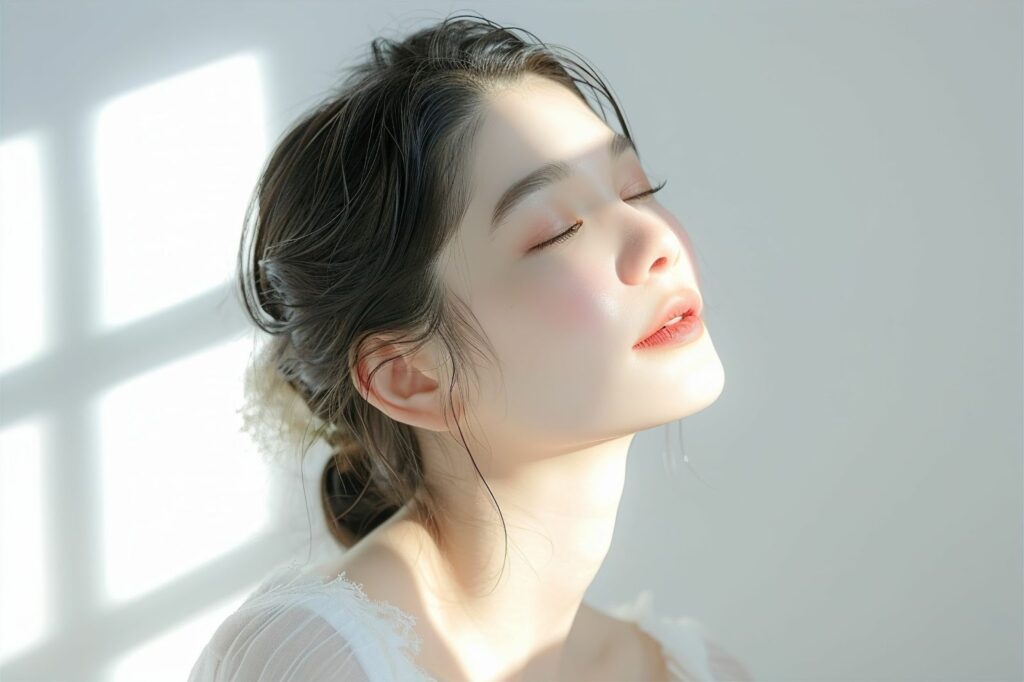 目を閉じて上を向く女性