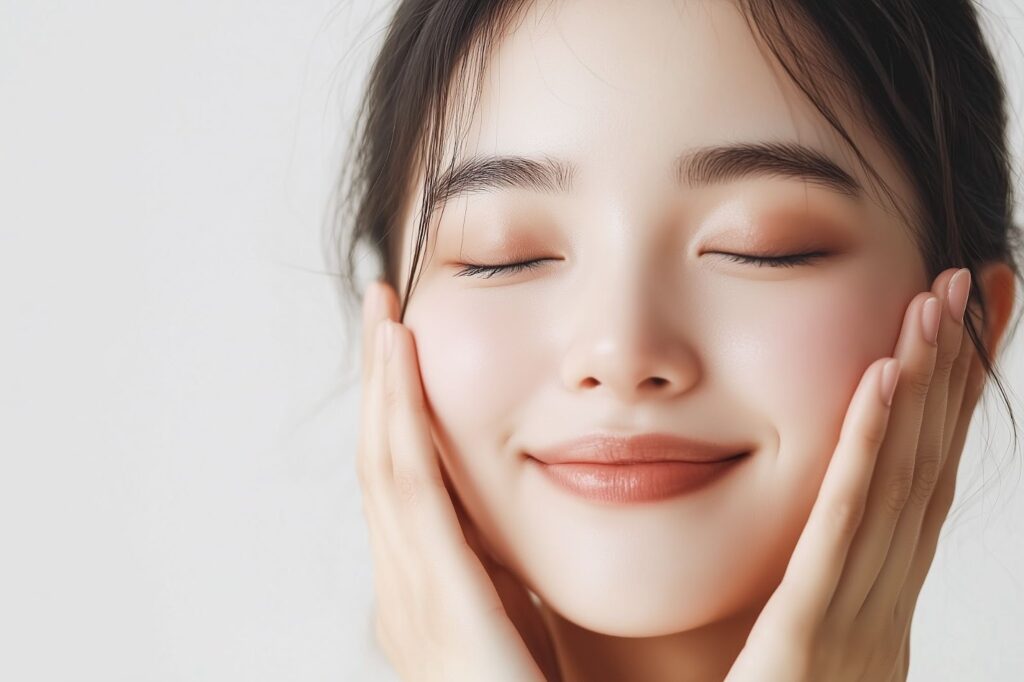 両頬に手を当てて目を閉じる女性