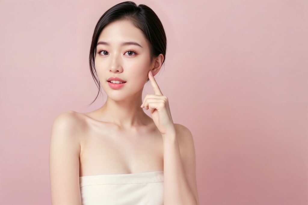 人差し指を立てている美肌の女性