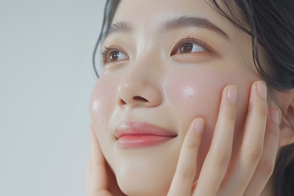 頬に手を当てている美肌の女性