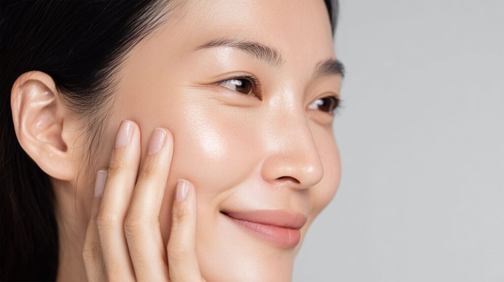 頬の毛穴に効くスキンケア成分でケアしている美肌の女性