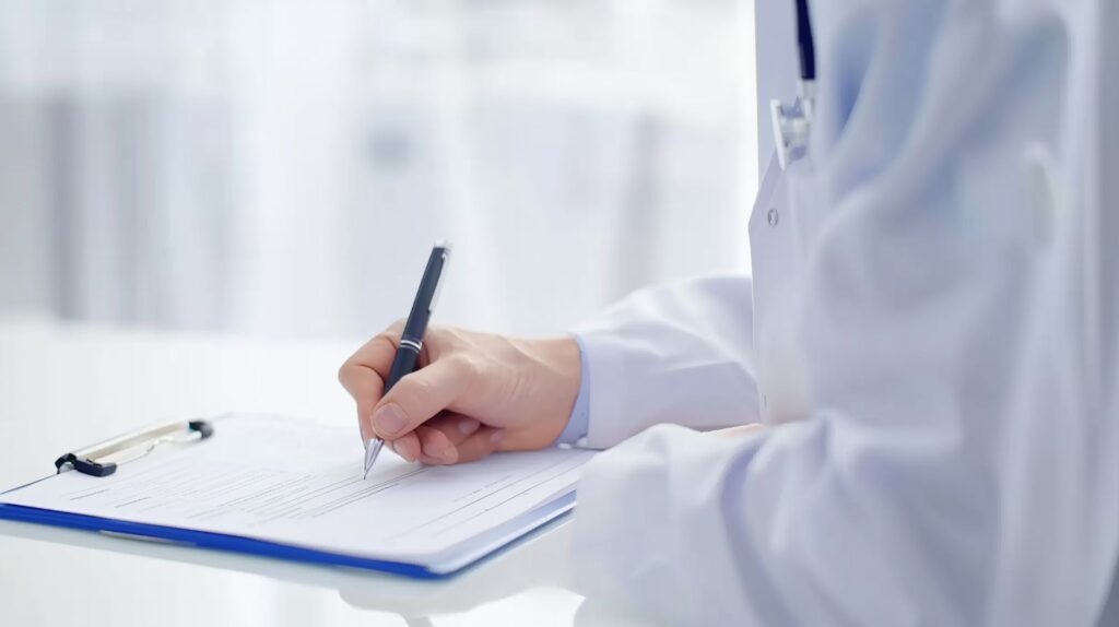 カルテに書き込んでいる医師の手元