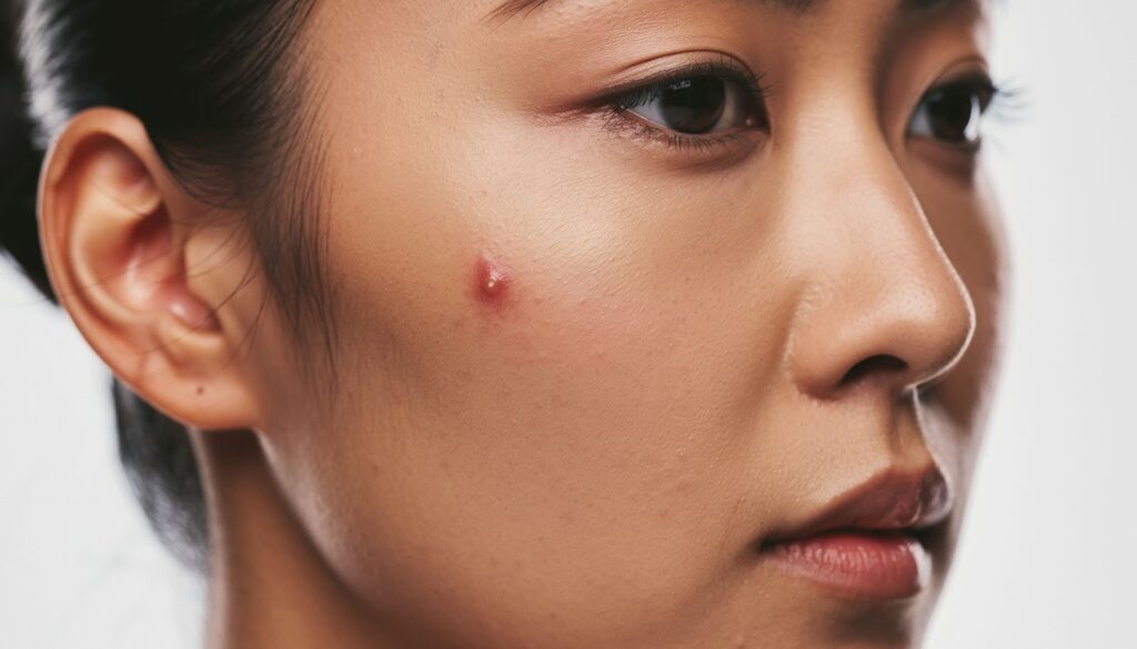 頬に赤いニキビのある女性